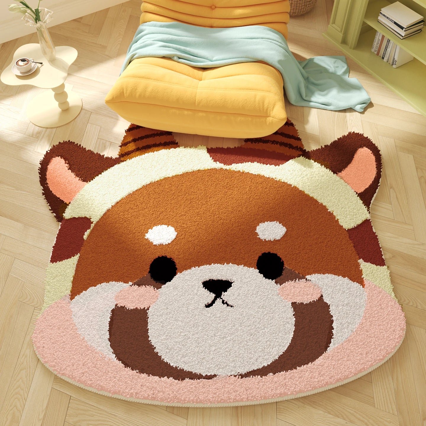 Round kawaii rug with a cartoon bear face design on a wooden floor.