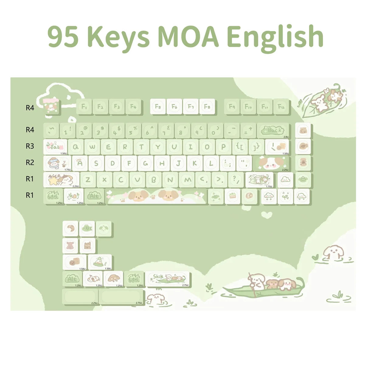 Keyboard layout with Kawaii cartoon designs on a green background