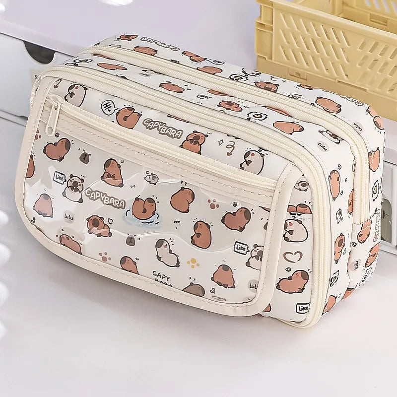 Pencil case with kawaii cartoon dog pattern on a white surface