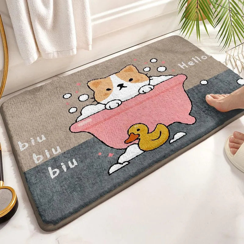 Doormat with Kawaii cartoon dog and duck design on a light-colored floor.