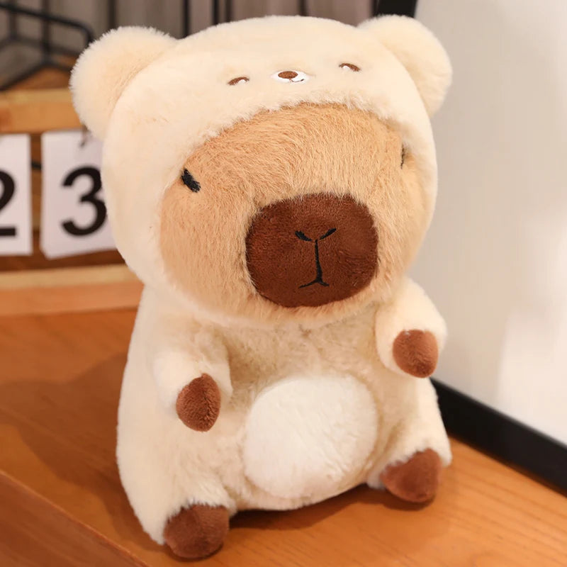 Kawaii plush bear toy on a wooden surface with a neutral background