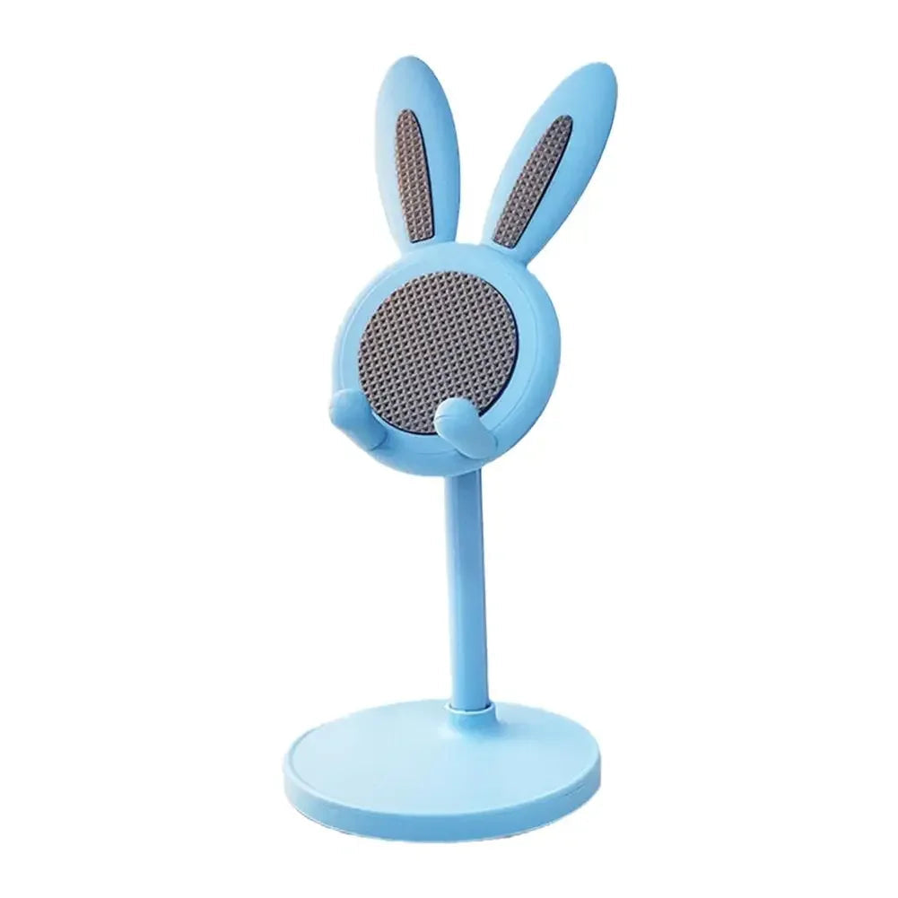 Blue kawaii phone stand with bunny ears on a white background
