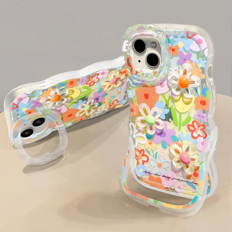 Colorful kawaii floral phone case with a stand feature on a neutral background