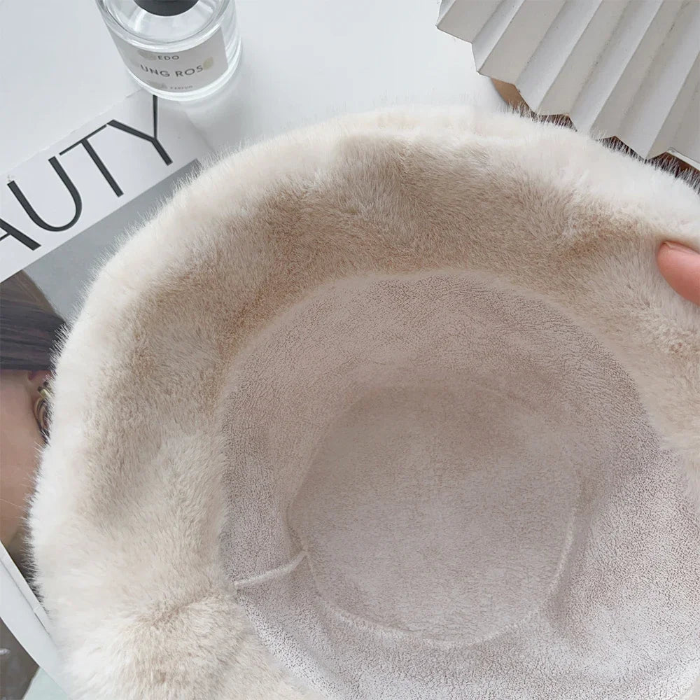 Close-up of a fluffy beige Kawaii hat with a blurred background
