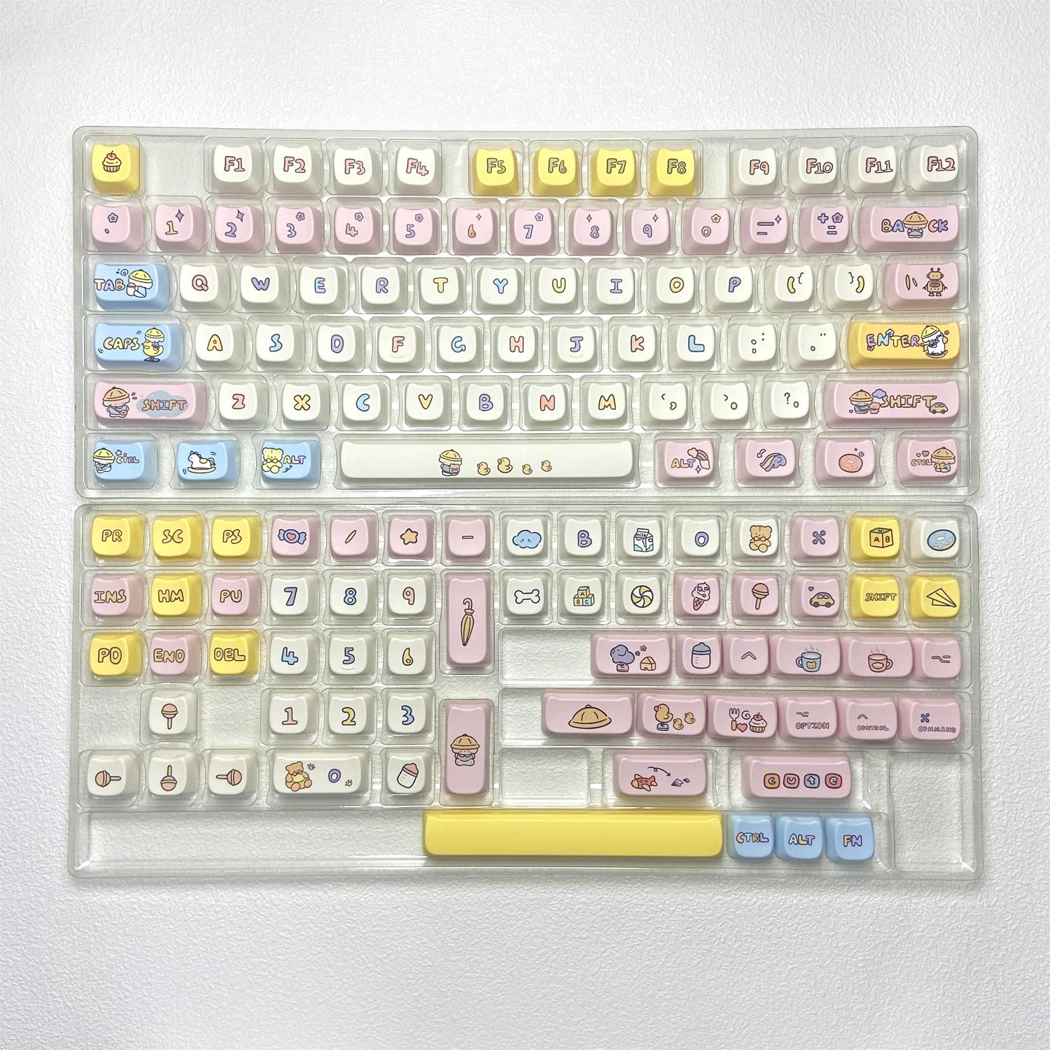 Keyboard with Kawaii colorful, cartoon-style keys on a white background
