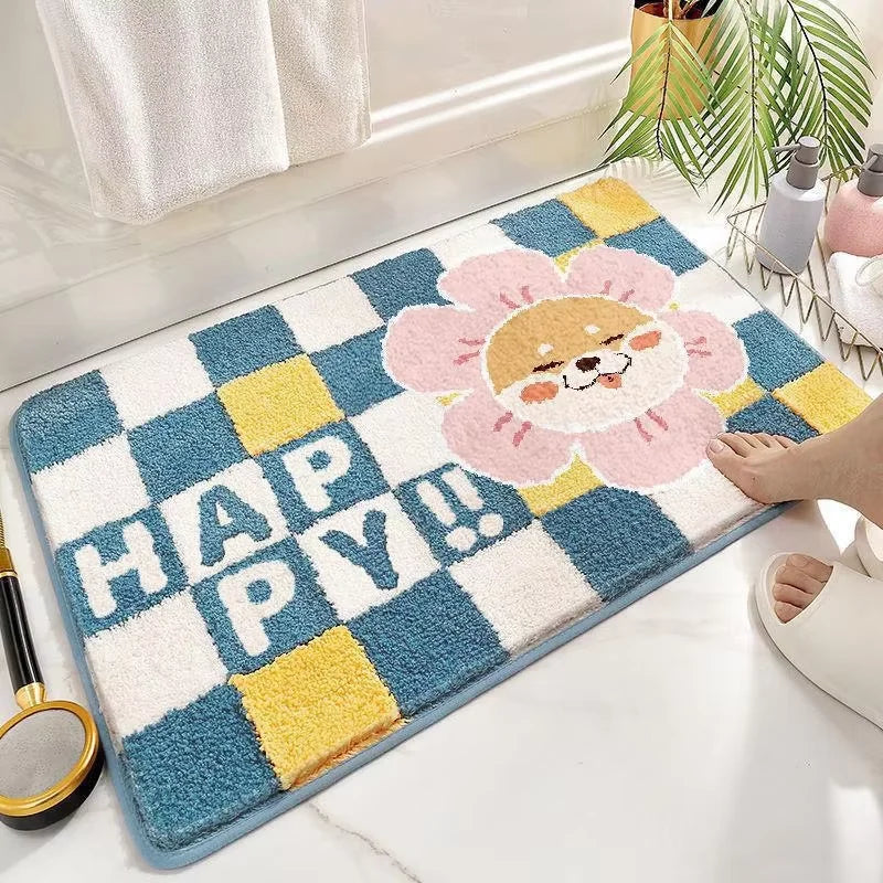 Decorative rug with a Kawaii cartoon dog face and 'Happy' text on a checkered pattern