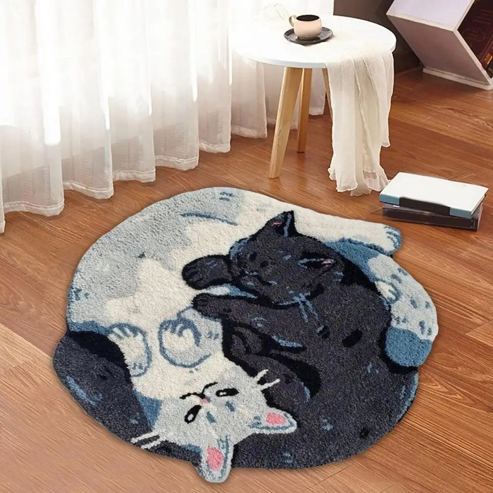 Round rug with kawaii cat design on a wooden floor