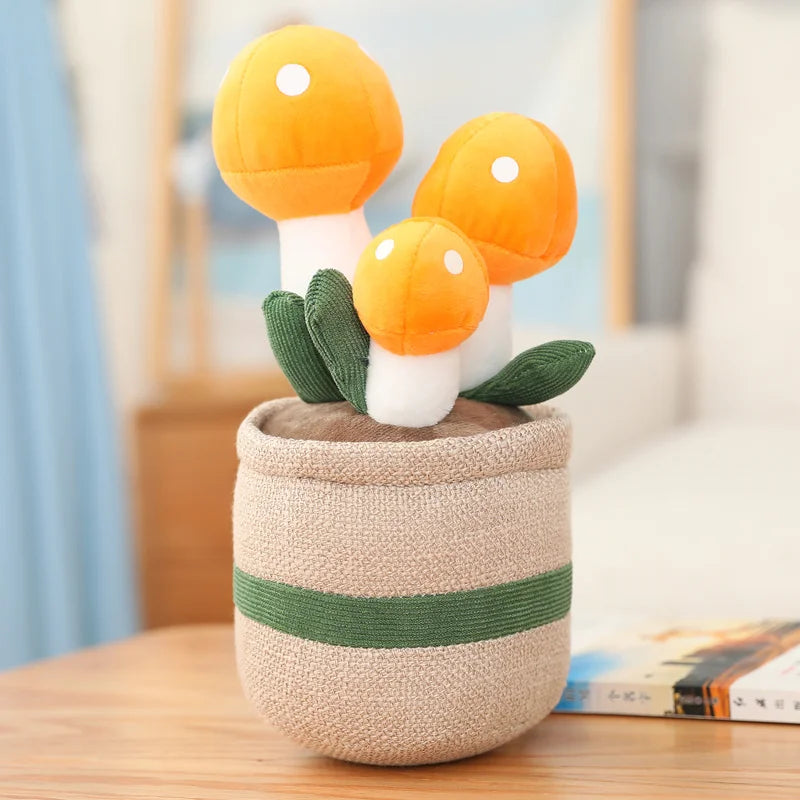 Decorative kawaii plush toy with plush orange mushrooms in a woven basket on a wooden surface.