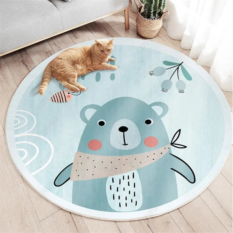 Round kawaii rug with a bear design on a wooden floor, featuring a cat lying on it.