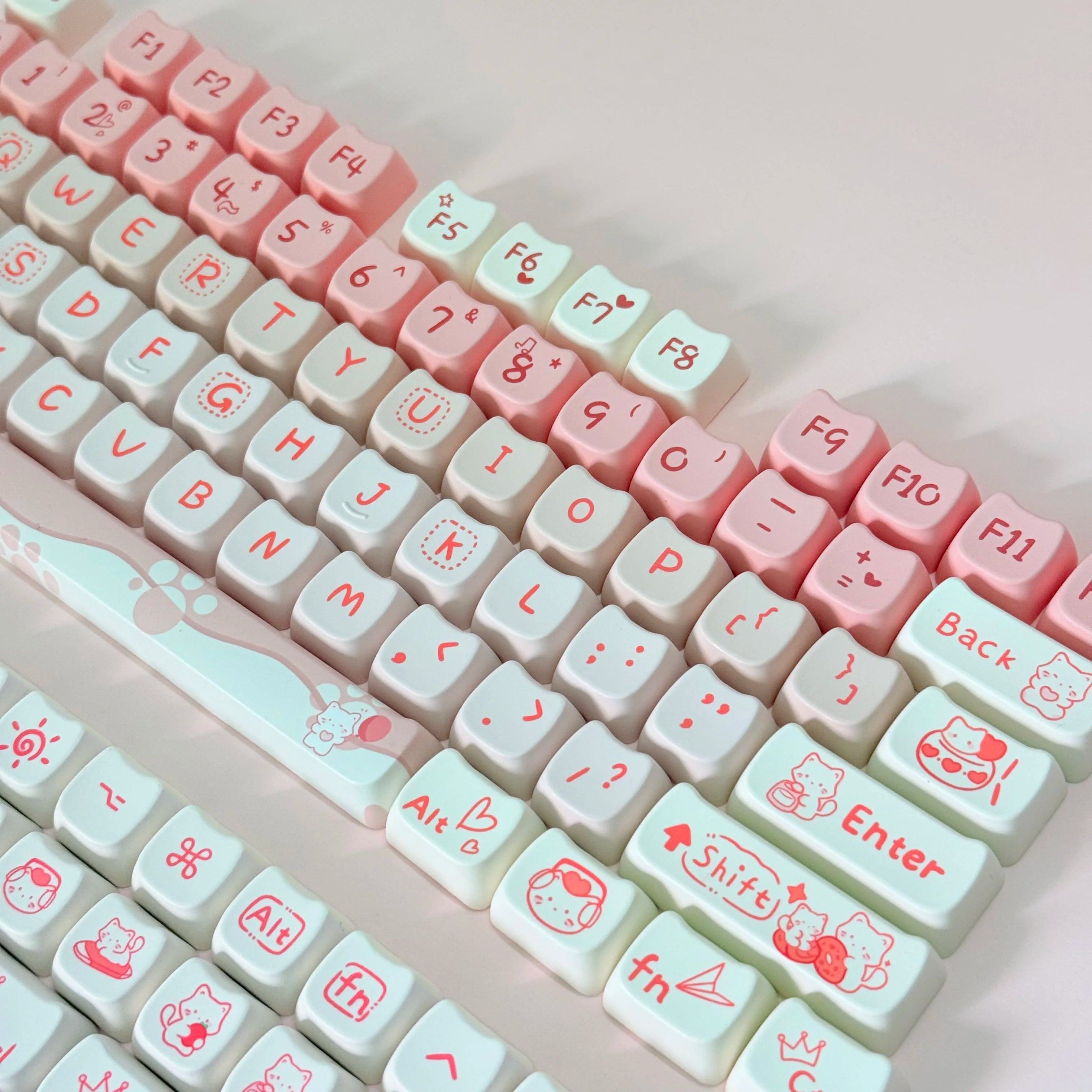Keyboard with Kawaii pink and light blue keys on a white background