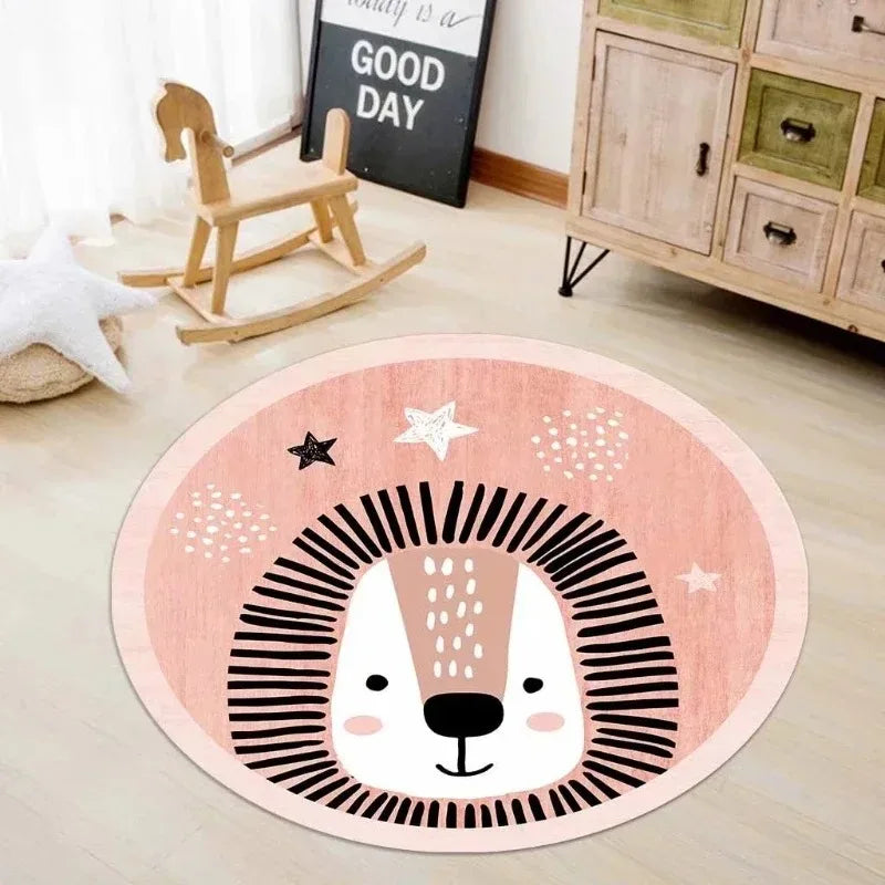 Round pink kawaii rug with a lion design on a light wooden floor.