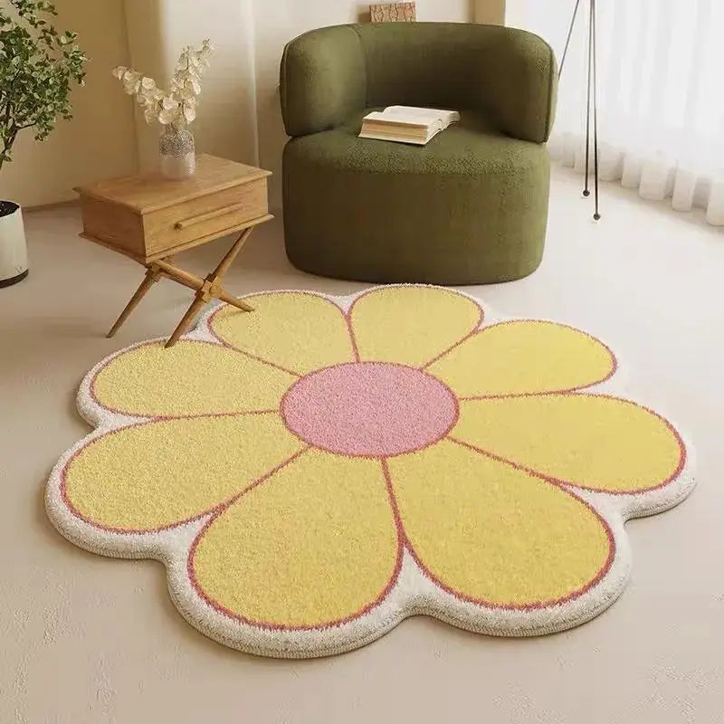 Flower-shaped kawaii rug in a room with a green chair and wooden side table.