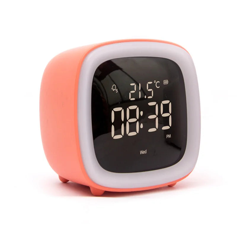 Kawaii digital clock with orange casing on a white background