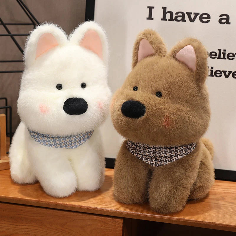 Two kawaii plush dogs, one white and one brown, sitting on a wooden surface with a blurred background.