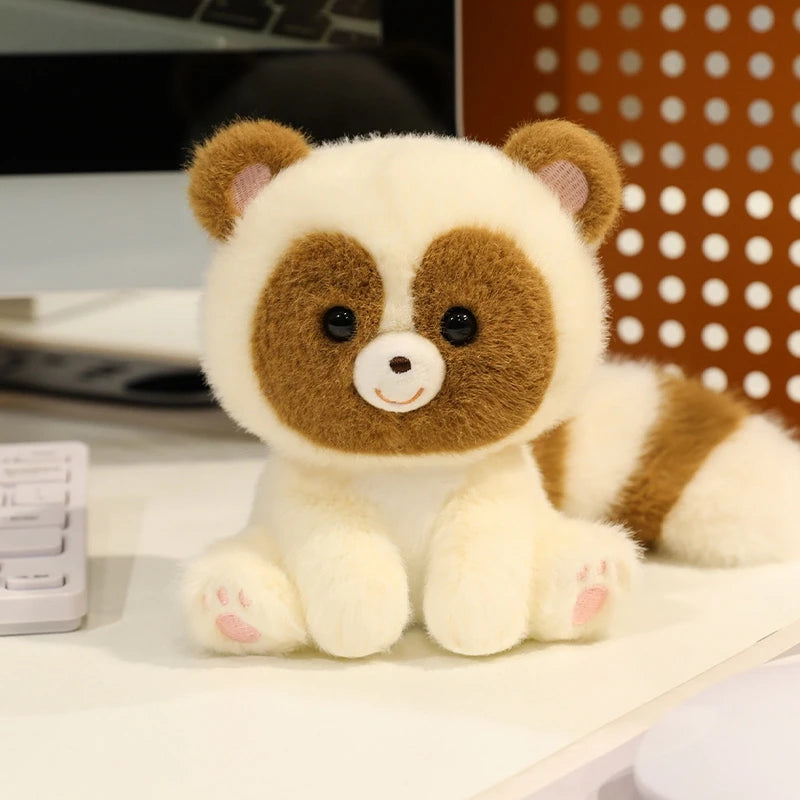 Plush kawaii toy panda on a desk with office items in the background