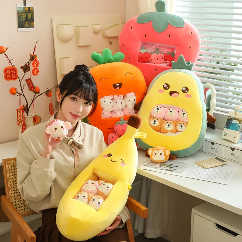 Person holding a plush banana with more plush kawaii toys shaped like fruits and animals in a room.