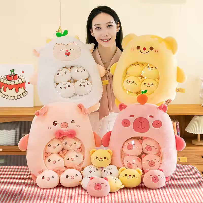 Woman holding and displaying a collection of cute kawaii plush toys shaped like pigs and bears on a checkered tablecloth.
