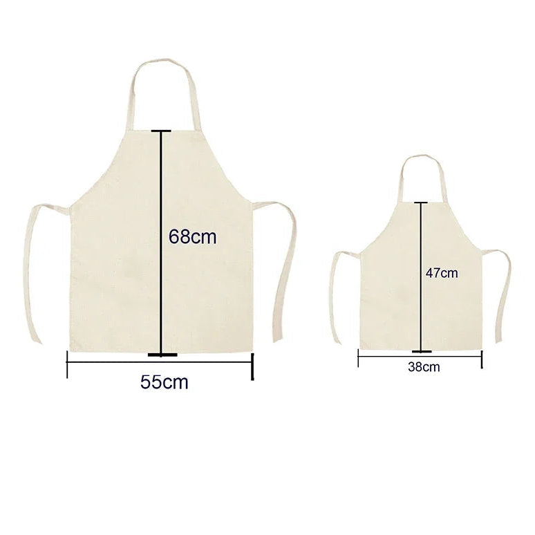 Measurement chart comparing adult and kids aprons on a white background