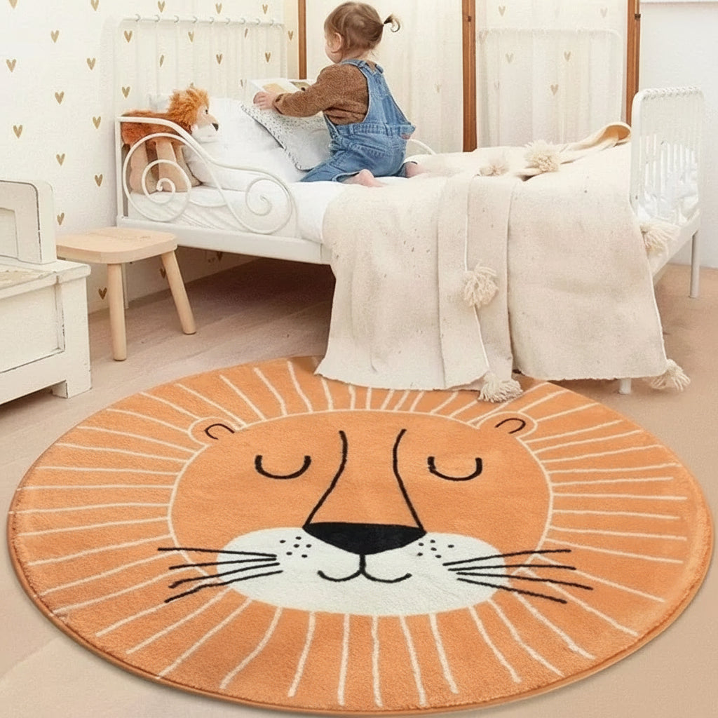 Round lion kawaii rug in a child's room with a child sitting on a bed.