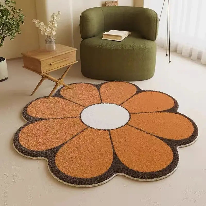 Flower-shaped kawaii rug in a room with a green armchair and wooden side table.