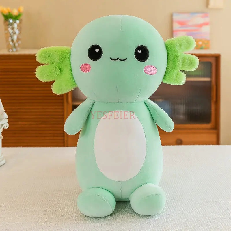 Green kawaii plush toy with leaf-like ears on a light surface