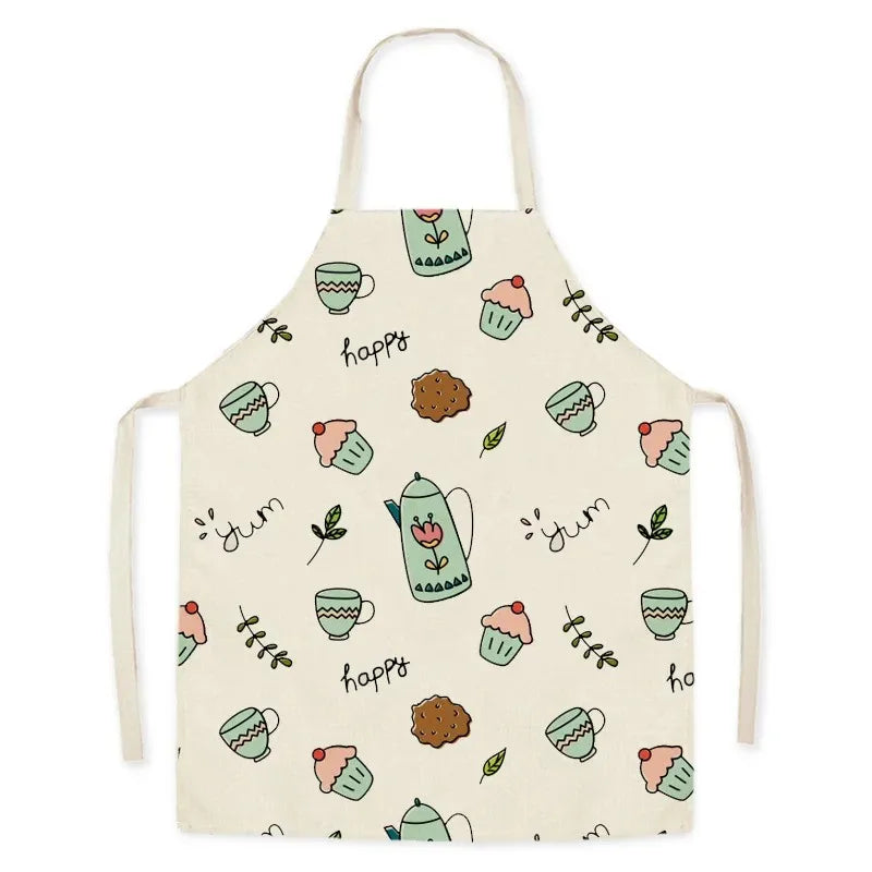 Beige Kawaii apron with colorful tea-themed illustrations on a white background