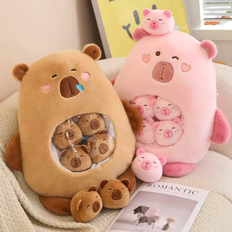 Two kawaii plush toys, a brown bear and a pink pig, sitting on a surface with a magazine underneath.