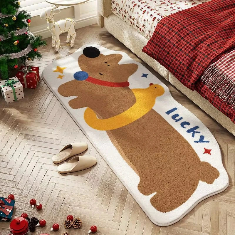 Decorative kawaii rug with a bear design on a wooden floor, surrounded by Christmas decorations.