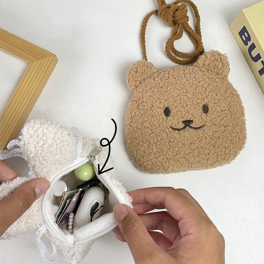 Small brown pouch with a Kawaii bear design on a white surface
