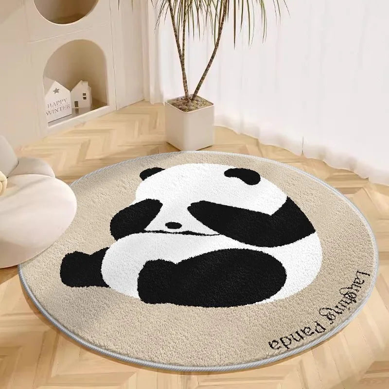 Round kawaii rug with a panda design on a wooden floor.