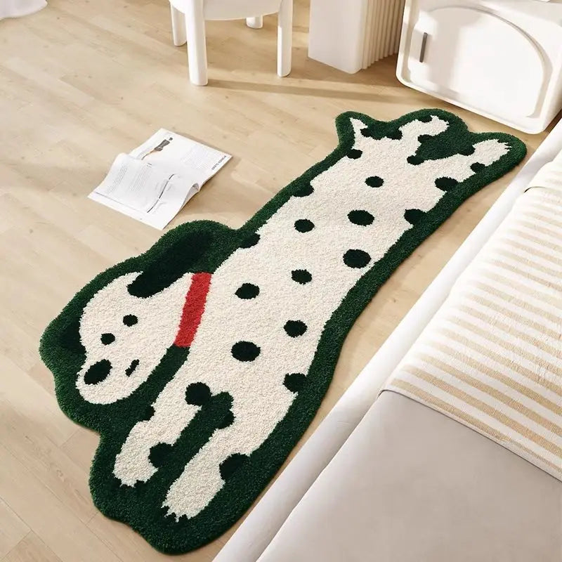 Dog-shaped kawaii rug on a wooden floor with a chair and table in the background