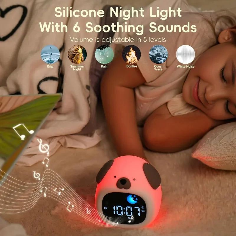 Silicone dog Kawaii designed night light with 6 soothing sounds and adjustable volume displayed on a child's nightstand.