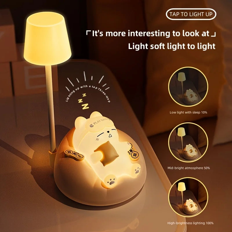 Cute kawaii bear-shaped night light with lamp and control panel on a dark background
