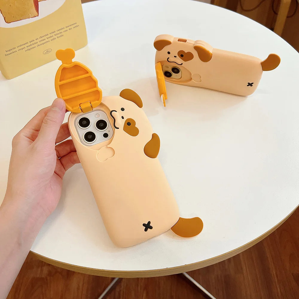 Phone case with a kawaii bear design held by a hand on a white table.