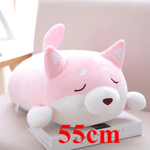 Pink and white plush kawaii toy resembling a cat on a book with '55cm' text