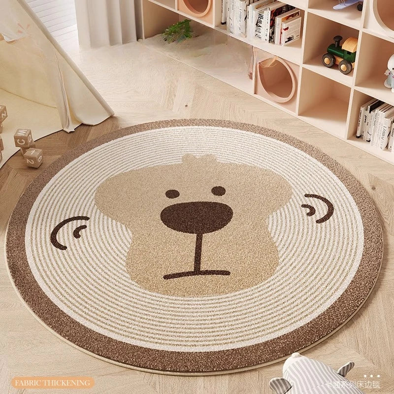 Round kawaii rug with a bear design on a wooden floor in a room with shelves and toys.