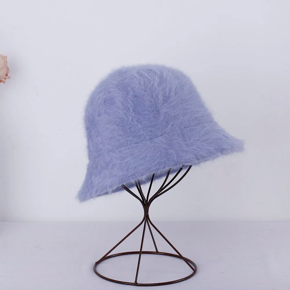 Light purple textured Kawaii hat on a black wire stand against a light gray background