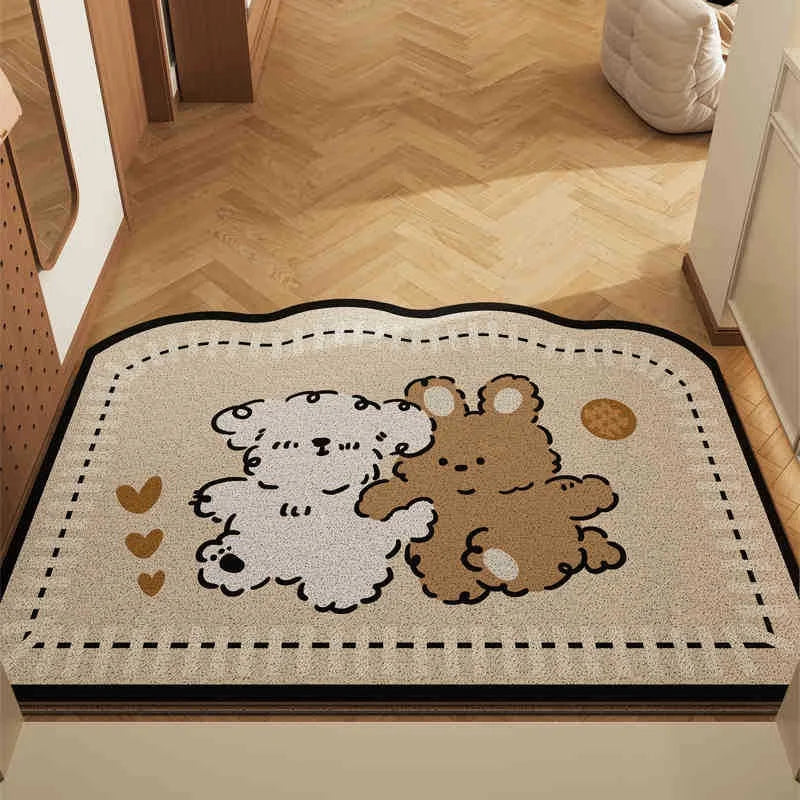 Doormat with Kawaii cartoon bear and dog design on a wooden floor