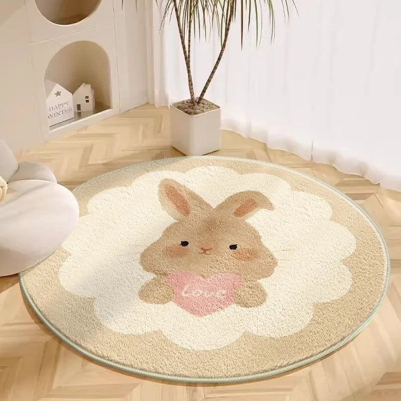 Round kawaii rug with a bunny design rug on a wooden floor