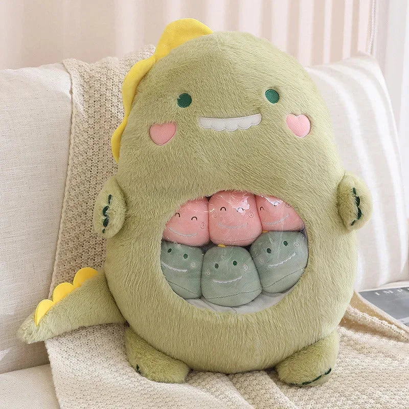 Kawaii plush toy with a face and small characters inside on a couch