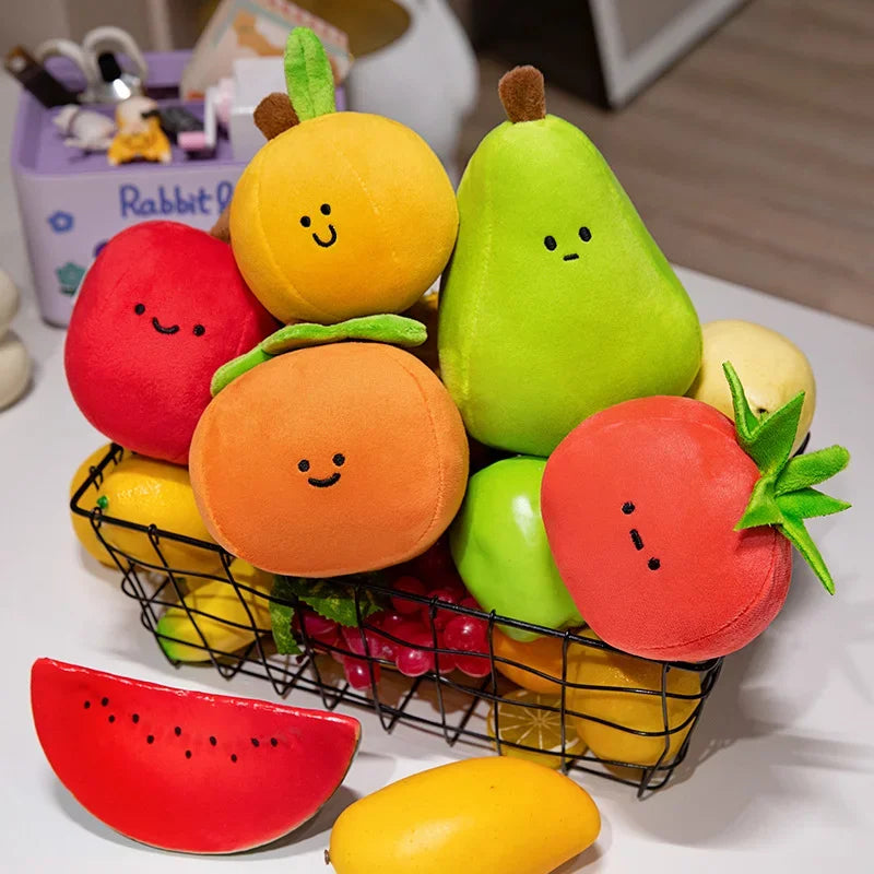 Colorful kawaii plush fruits in a wire basket on a white surface