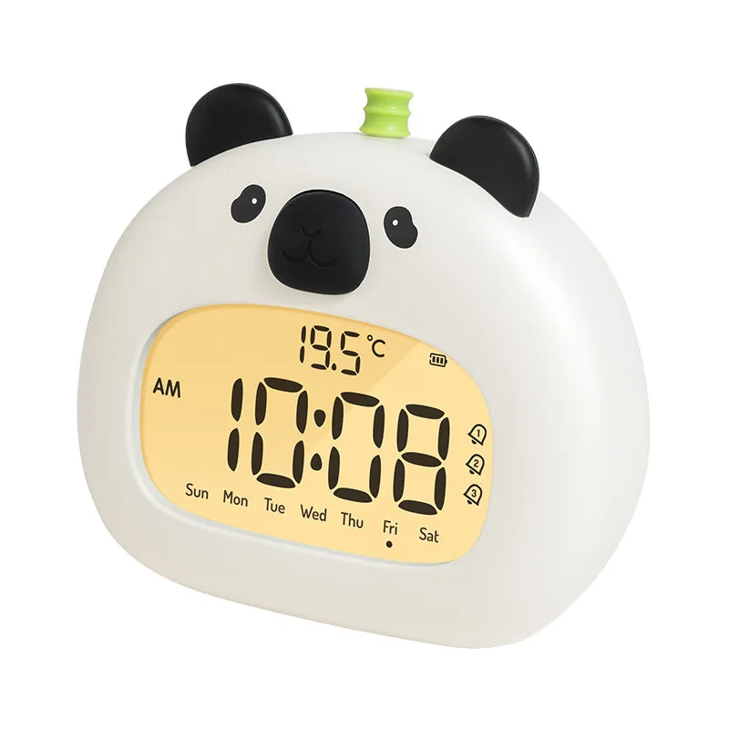Panda-shaped kawaii digital clock with temperature display on a white background