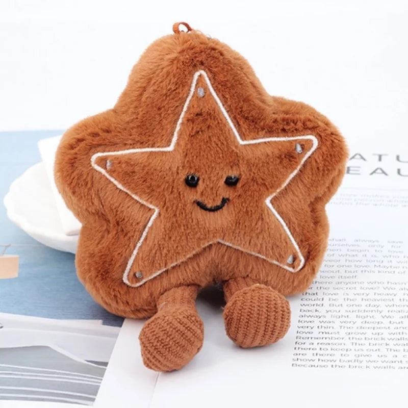 Plush kawaii star-shaped toy with a smiley face on a magazine page