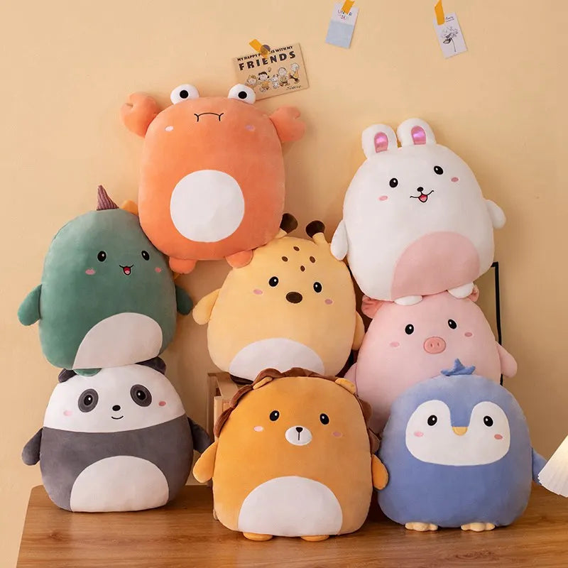 Stack of colorful kawaii plush toys on a wooden surface with a beige wall background.