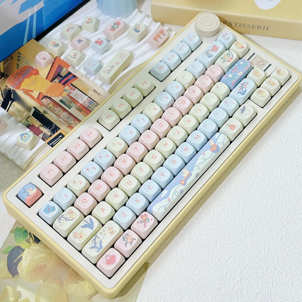 Pastel-colored Kawaii keyboard with decorative keys on a white surface