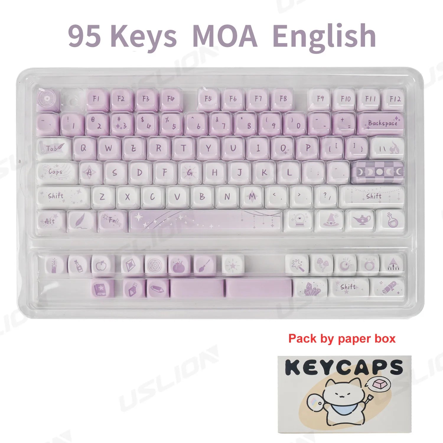 Kawaii keyboard with gradient keys in a clear plastic case, accompanied by a 'Keycaps' branded box.