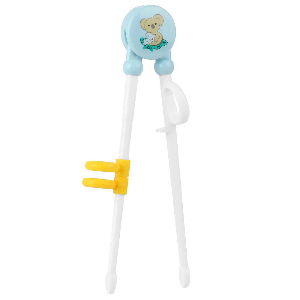 Children's fork and spoon set with blue kawaii bear handle on a white background