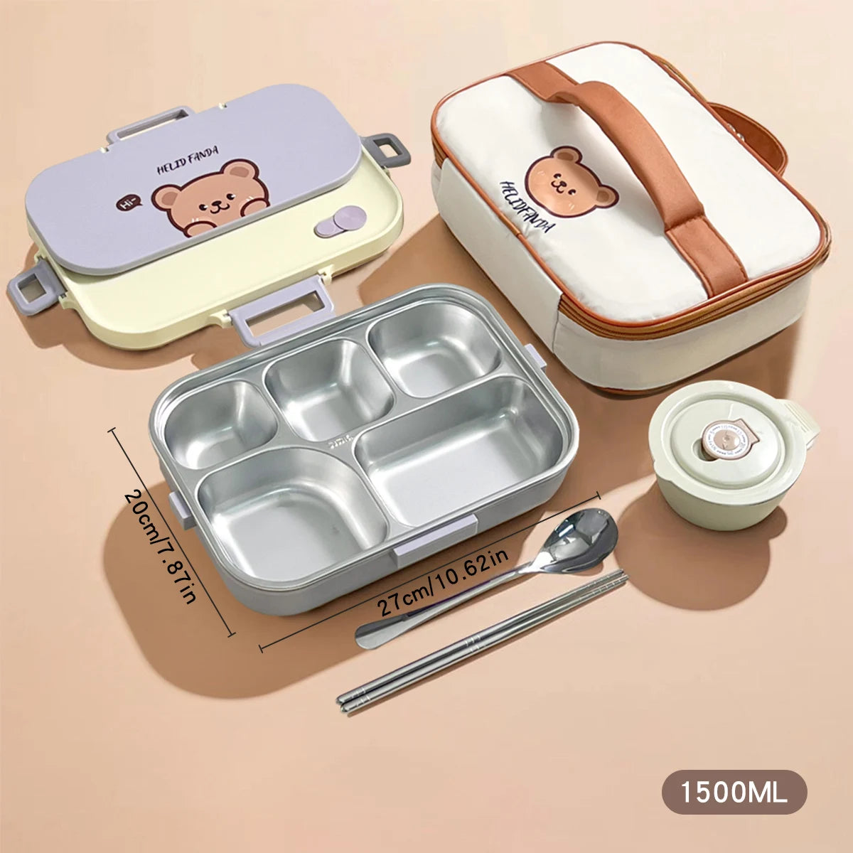 Bento box set with kawaii bear design, including a lunch box, container, and utensils on a beige background.