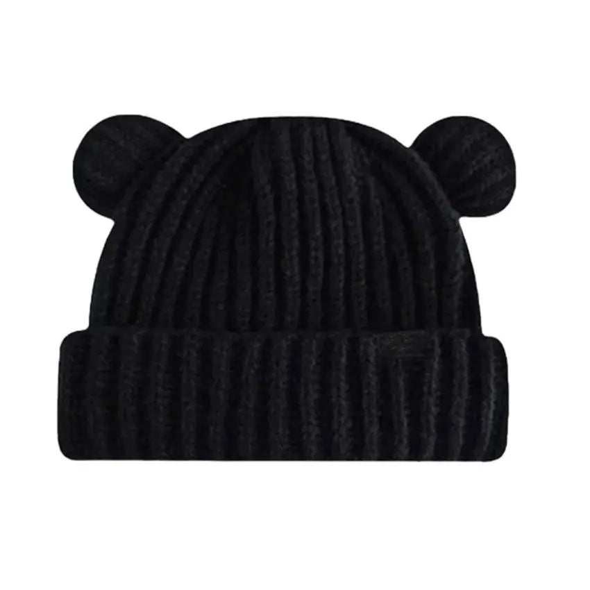 Black knit beanie with Kawaii bear ears on a white background