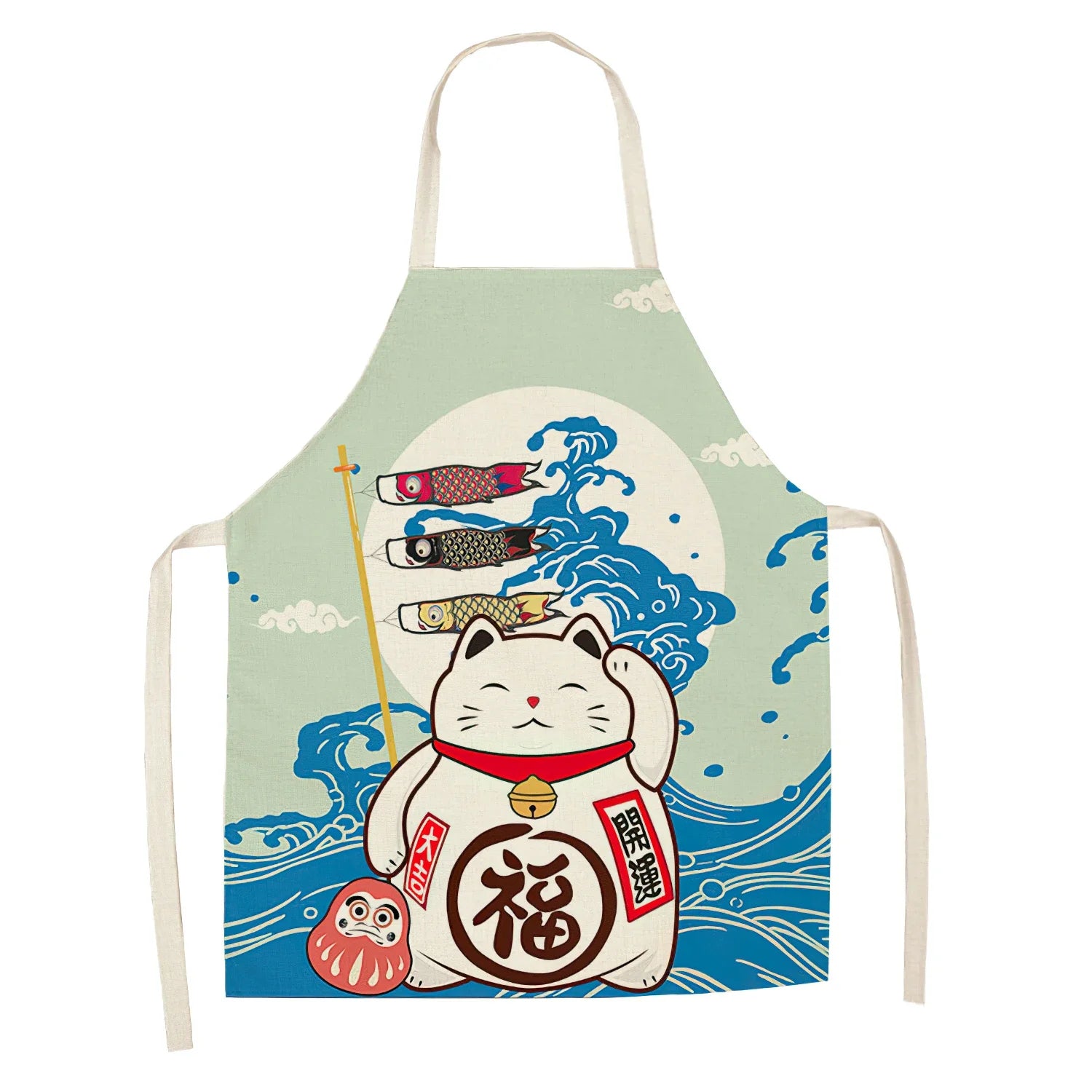 Apron with a cat Kawaii design and wave pattern on a light green background